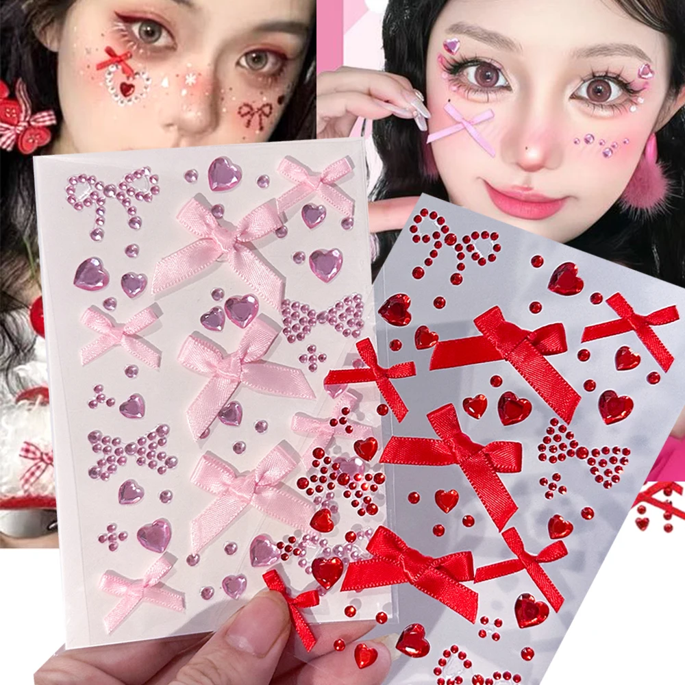

1pcs 3D Pink Red Bow Christmas Face Tattoo Sticker Heart Diamond Ribbon Bow Eyes Face Makeup Sticker Party Tattoos Stickers Girl
