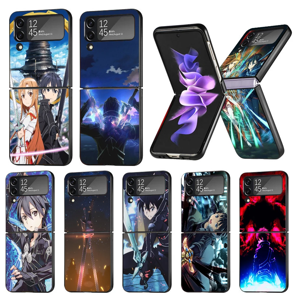 Sword Art Online Kirito Asuna Hard Black Cover for Samsung Galaxy Z Flip 4 3 5 5G Phone Case Flip4 Flip3 Flip5 Pattern Luxury