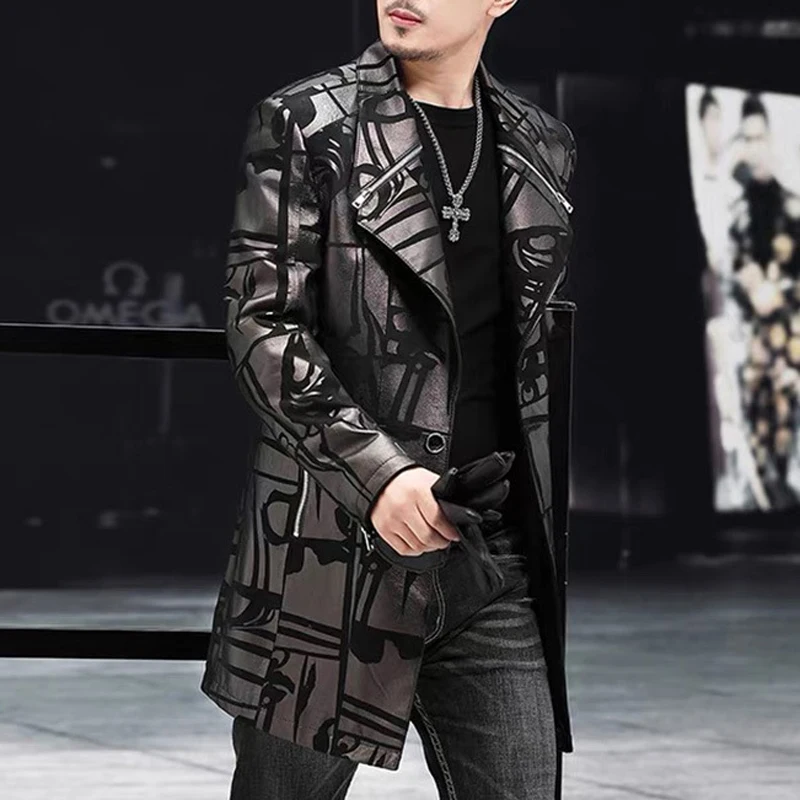 Genuine Leather Jacket Men Mid Length Suit Suede Printed Trench Coat Winter Male Slim Fit Zipper Locomotive Jaqueta Masculina