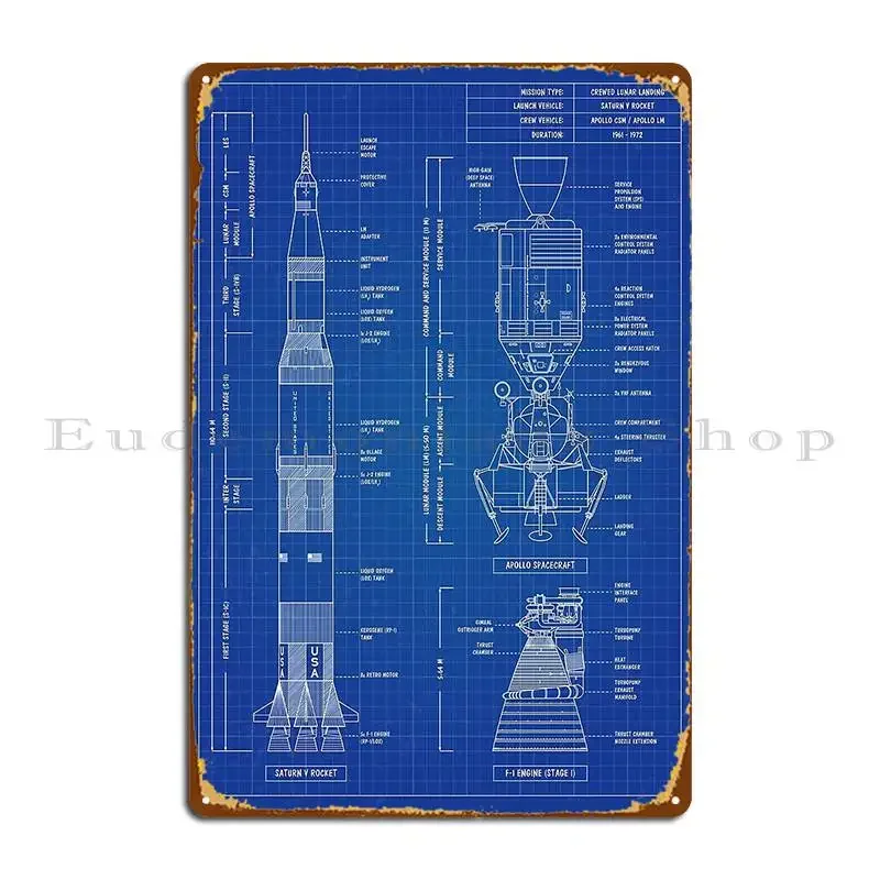 Saturn V Apollo Crewed Lunar Expedition Blueprint Vertical Metal Plaque Poster Customized Vintage Wall Club Tin Sign Poster