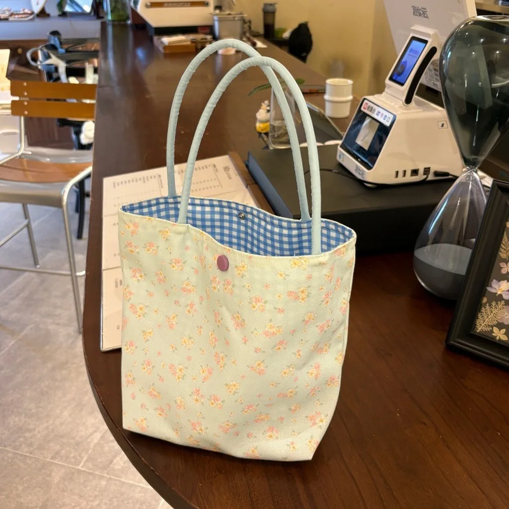 Dual-Sided Print Tote Bag Floral Floral Check Print Handbag Bucket-Shaped Tote Bag Dual-Sided Nylon Shoulder Tote Bag For Daily