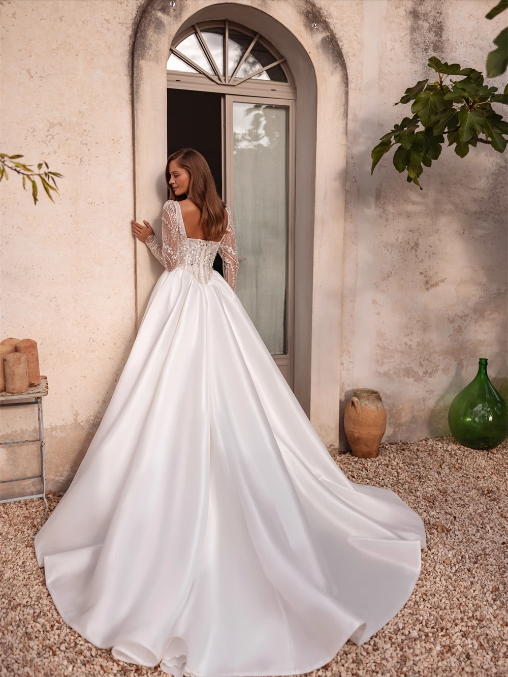 Customized Boho White Satin Wedding Dress Sexy Square Collar Long Sleeves Bridal Gown Soft A-Line Chapel Train Vestido De Novia