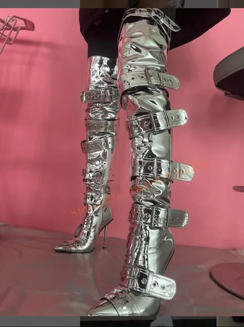 

Punk Style Over The Knee Thin Heeled Pointed Toe High Heel Boots Women Big Buckle Straps Thigh High Long Boots Women Shoe