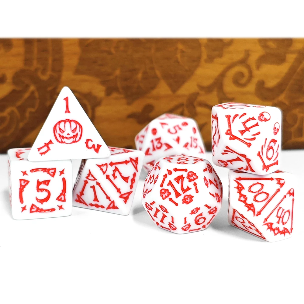 White Base Red Halloween Pumpkin Skull Dice Set,7Pcs Polyhedral Acrylic DND Dice for Dungeons & Dragons,COC TRPG Halloween Table