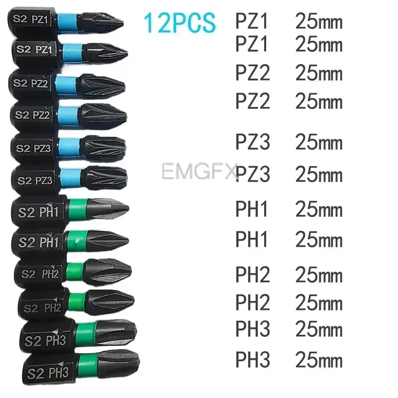 New PZ1/PZ2/PZ3 S2 Alloy Steel 25mm Magnetic Impact Drill Bits Set 12pcs PH1/PH2/PH3 for Electric Screwdriver
