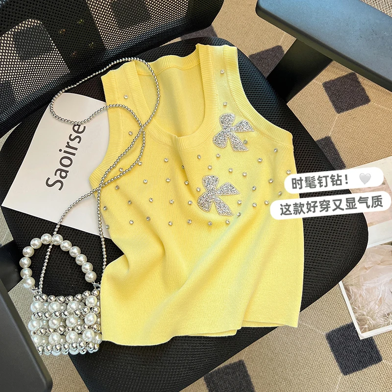 Diamonds Beaded Sweater Vests Women Crop Tops Pullovers 2024 Summer Stylish Fashion Chic Ladies Sleeveless O-neck Jumper Vest