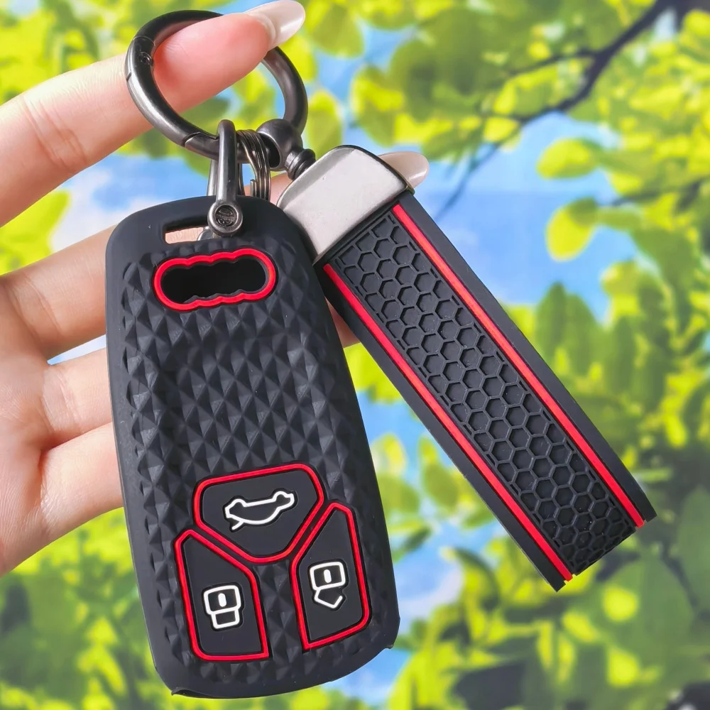 Sleek Red Hex Remote Key Case With Keychain For Audi A4 B9 A5 A6 8S 8W Q5 Q7 4M S4 S5 S7 TT Mk3 TTS TFSI RS Auto Protector Shell - view 4