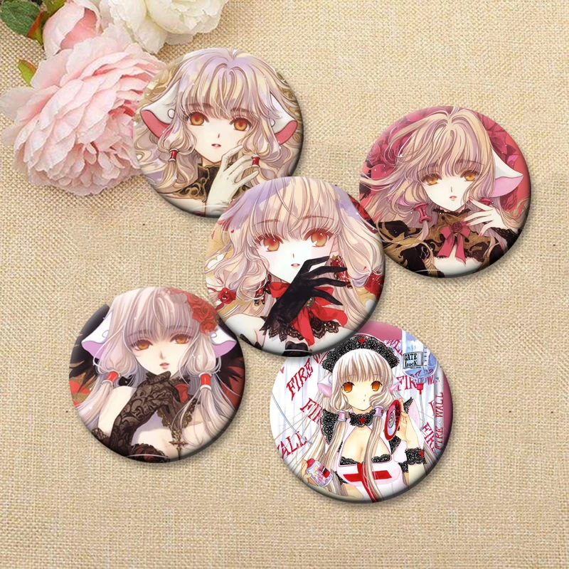 Anime Chobits Round Brooches Chi and Freya Cute Cartoon Badge Handmade Exquisite Tinplate Pins Backpacks Bag Ornament Accessorys