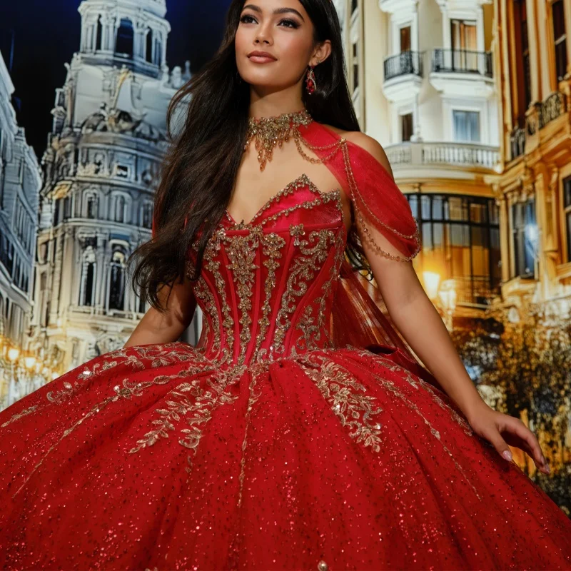 

Shiny Red Quinceanera Dresses Off the Shoulder Crystal Golden Glitter Decal Long tail Big Bow Vestidoe 15 Quinceanera Customize