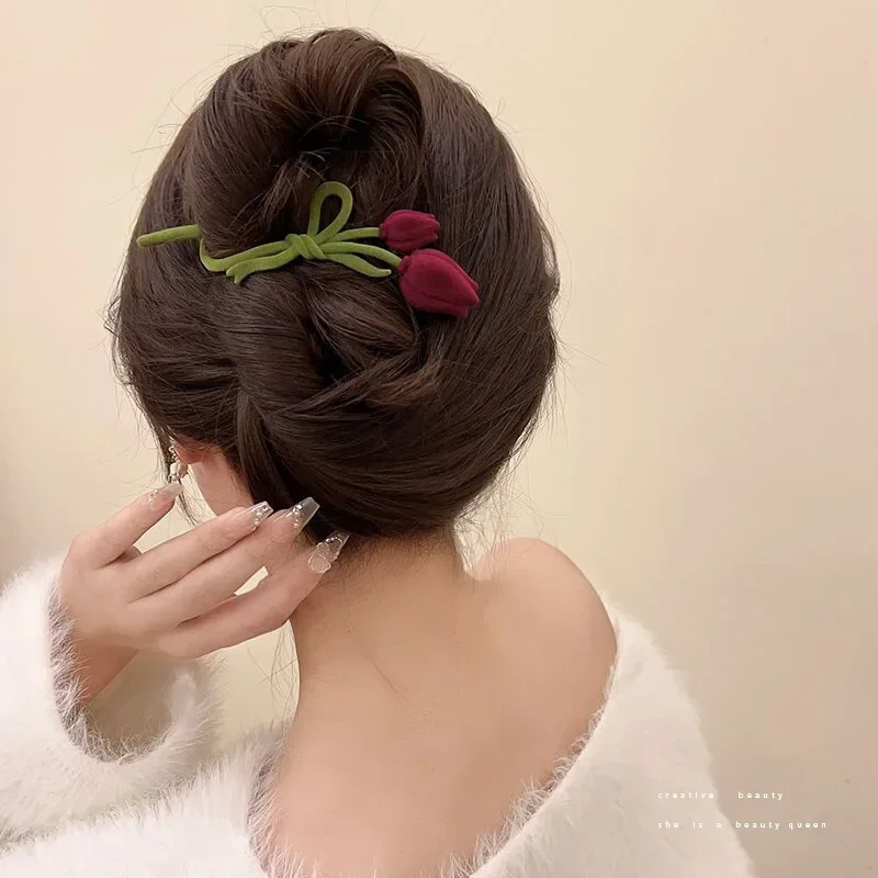 

Flocking Tulip Hair Clip Women's Back Head Spoon Twist Clip Large Hair Clip Headwear High End One Line Accessories