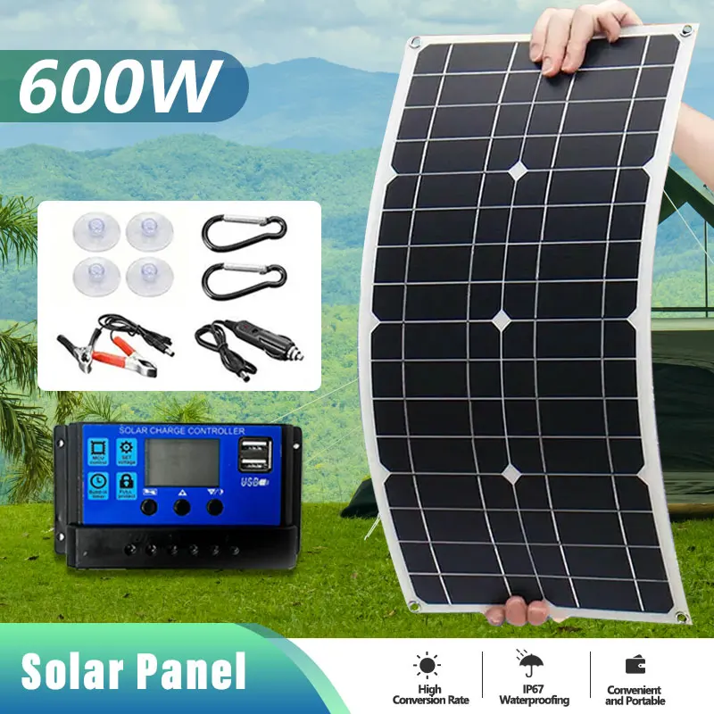 600W 18V Single Crystal Solar Panel Dual USB 12V/5V DC Single Crystal Flexible Solar Charger Suitable For RV Car Outdoor Battery