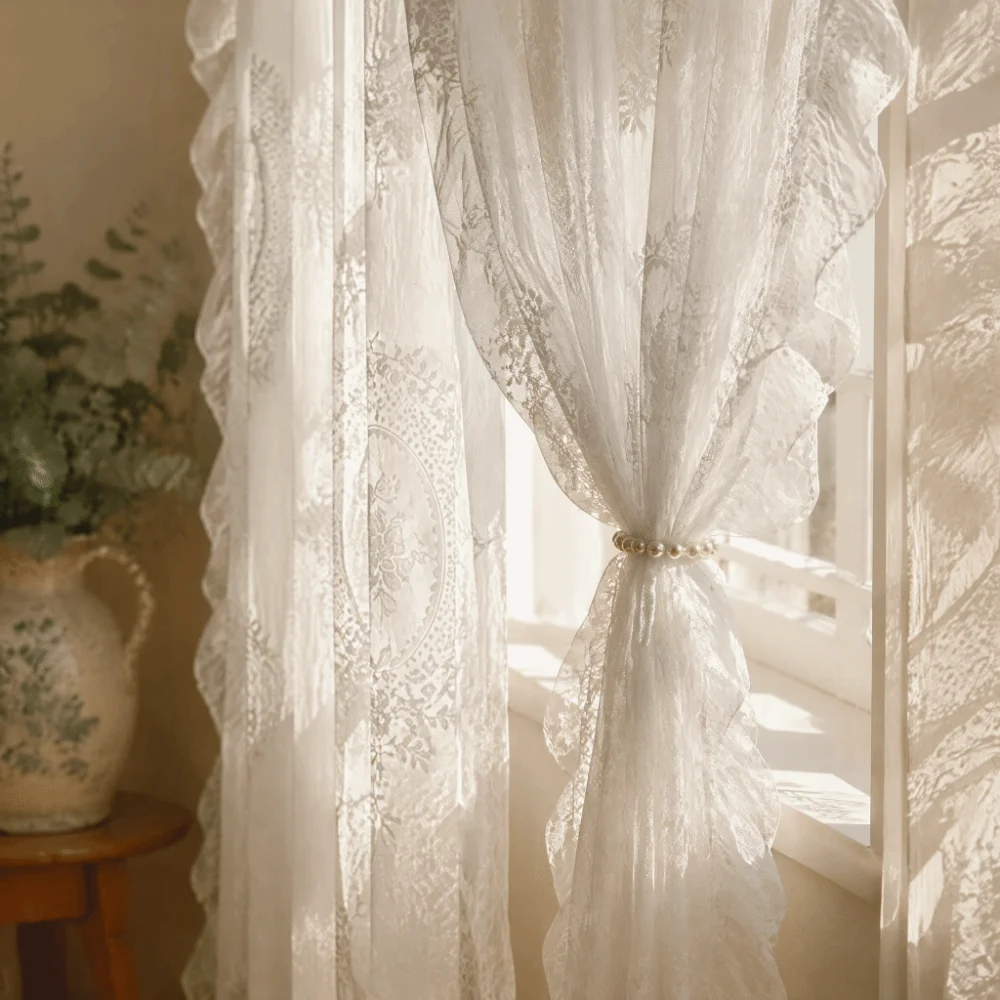 French-Style Lace Curtains Ruffled Edges Solid Color Voile Curtains Half-Shaded Window Curtains