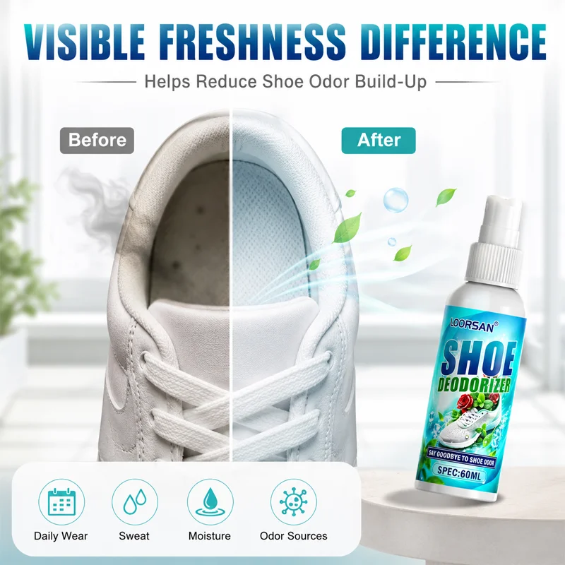 LOORSAN Shoe Deodorizer Spray 60ML Long Lasting Foot Odor Eliminator for Sneakers Boots Leather & Canvas Footwear