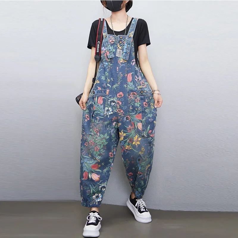 Casual Streetwear พิมพ์ดอกไม้ DENIM Jumpsuit ผู้หญิงหลวม Baggy กางเกงขากว้าง Rompers ขนาดใหญ่กระเป๋าสายรัดกางเกงยีนส์ Overalls
