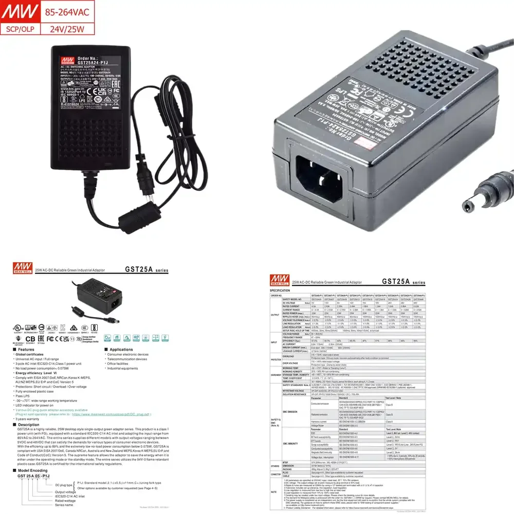 

MEAN WELL GST25A24-P1J 25W 24V DC Output 1.04A 88 Efficiency Compact Desktop Power Adapter with Flame Retardant Design
