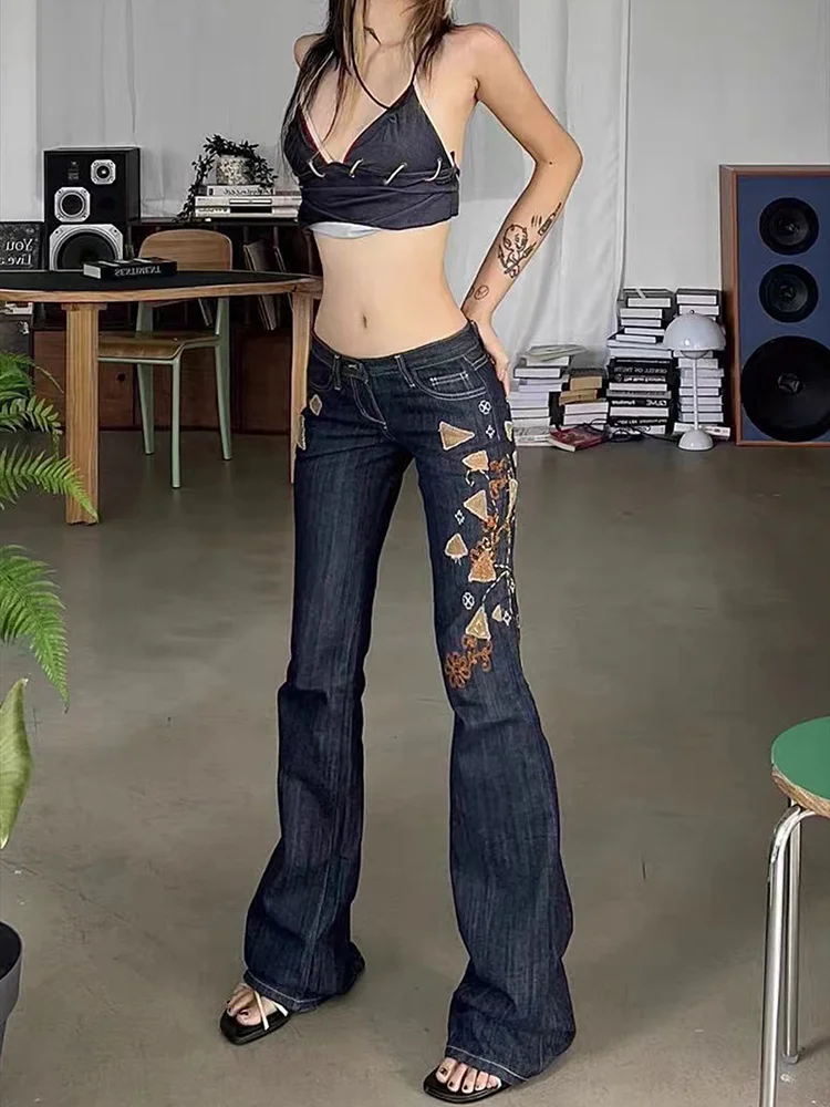 

Women's Rose Embroidered Pattern Micro Horn Jeans Personalized Trousers Cool Girl Casual Bottoms Female Street Pants