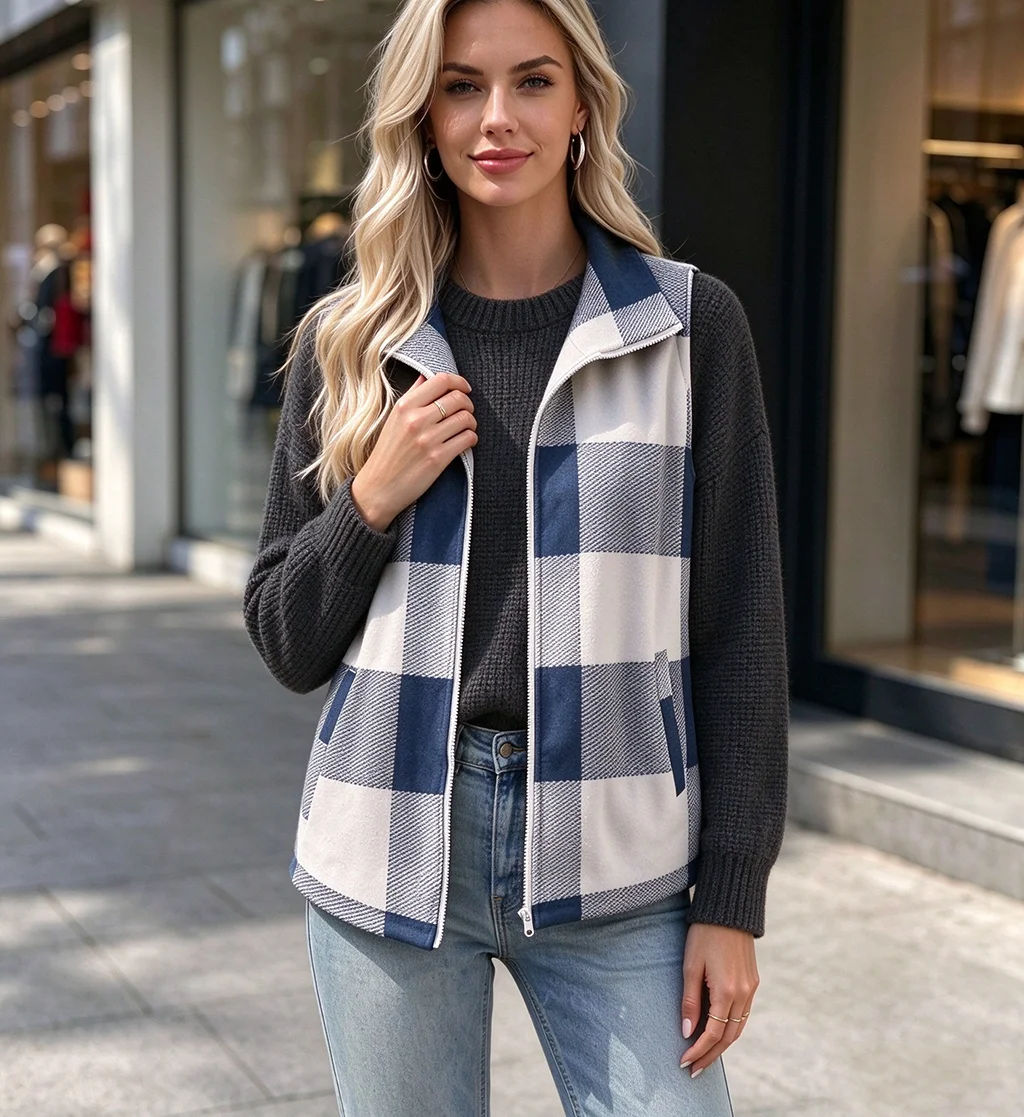 Ladies Plaid Zip‑Up Sleeveless Vest Stand Collar With Pockets Casual Fall Winter Loose Checkered Women Outer Waistcoat