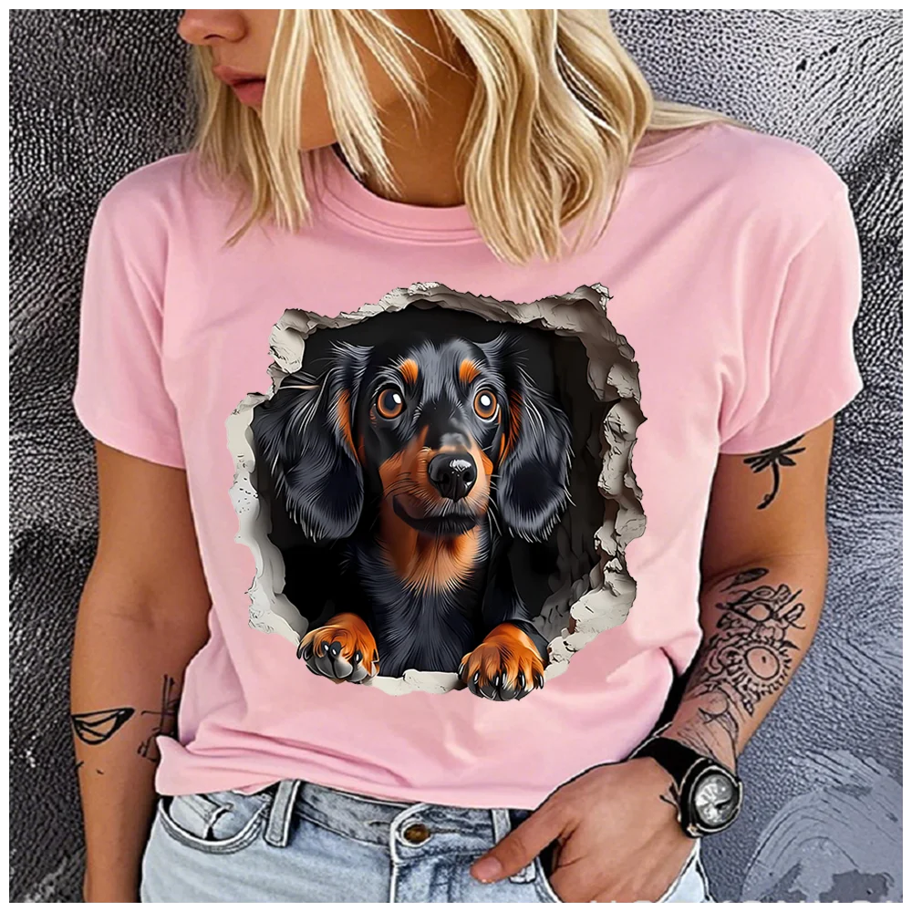 Women's Cotton 100% Interesting Dog Print T-shirt Loose round Neck Casual Short Sleeve Fashion Top Wholesale Clothing Summer