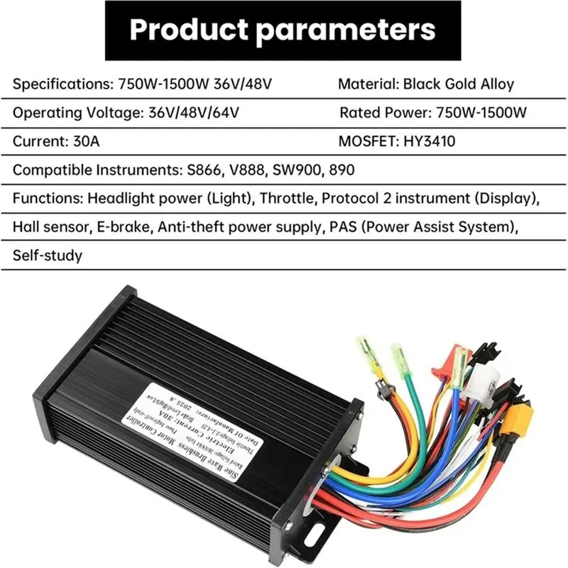 ABRU-30A Sine Wave Brushless Motor Controller 36V/48V Sine Wave 750-1500W 3-Mode Driver Connector Instrument Electric Bicycle S8