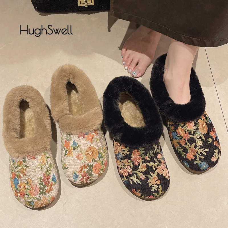 

Luxury Floral Embroidery Fur Loafers Woman Winter Warm Plush Pull-on Flat Shoes Ladies Elegant Brand Design Fluffy Short Boots