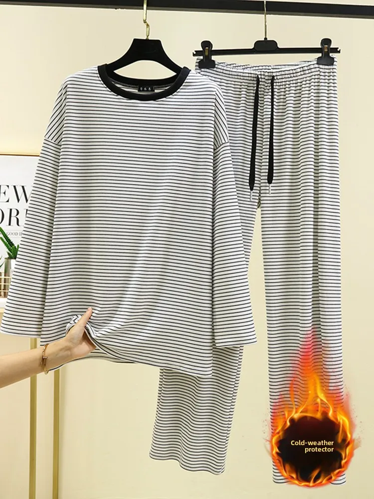 

Warm Thermal Autumn Winter Set for Women Loose plus Size T-Shirt Casual Pants Home Wear Striped Sleepwear Two-Piece Suit