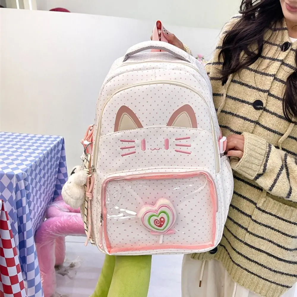 Cute Preppy Style Cartoon Cat Backpack Kitten Cute School Backpack Large Capacity Embroidery Students School Bag Travel