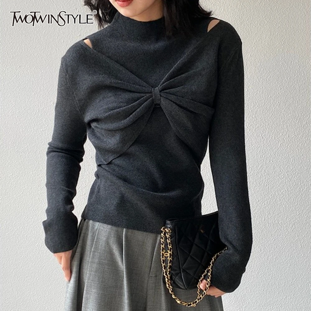 

TWOTWINSTYLE однотонная рубашка нестандартной формы со складками, женская рубашка с круглым вырезом и длинным рукавом для похудения, повседневные свободные женские рубашки, осенняя мода