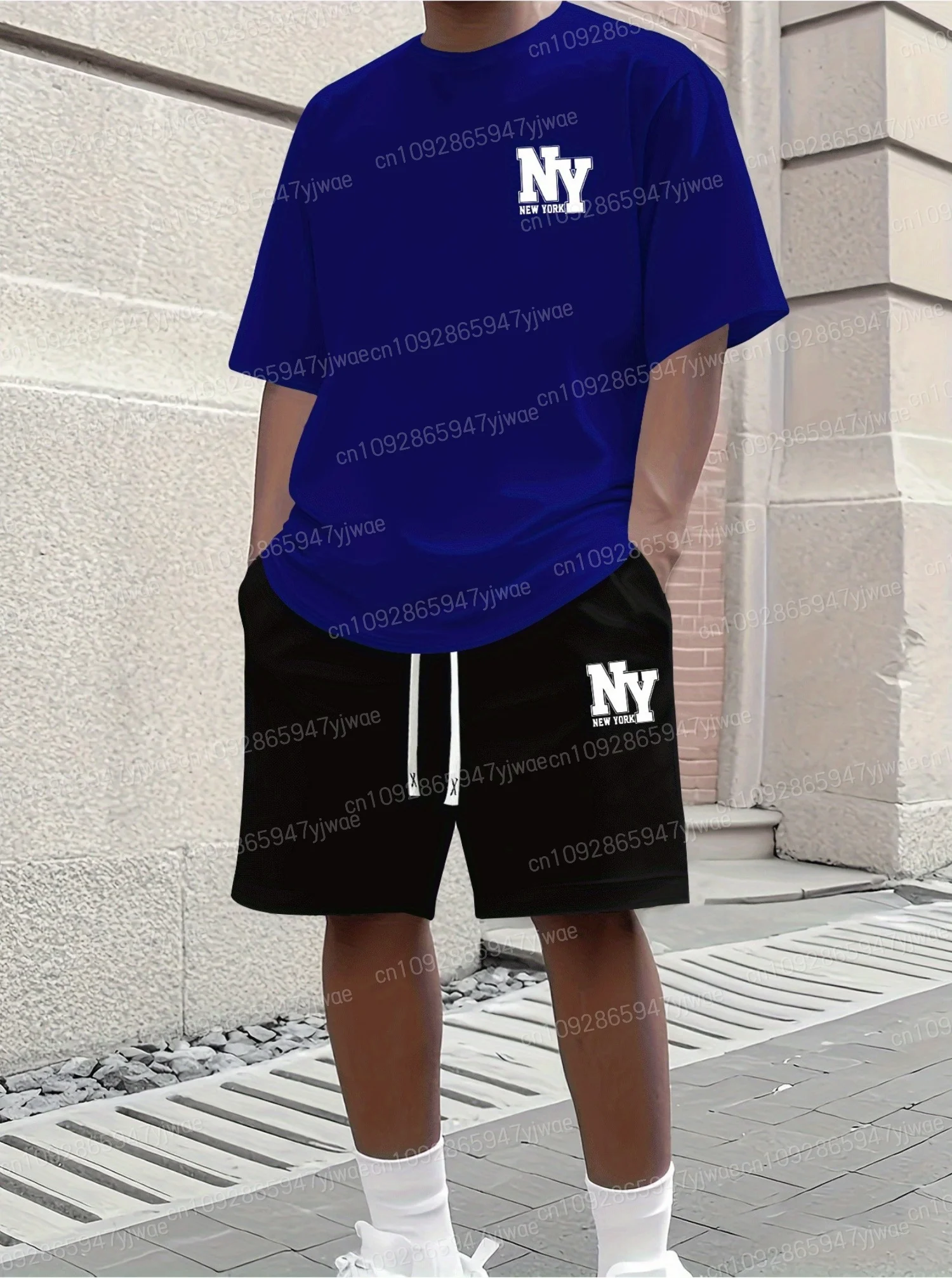 

Summer Polyester lightweight NEW YORK NY Print Men's Short Sleeve T-Shirt Shorts Set Adult Tracksuit Jogging 2 Piece Set