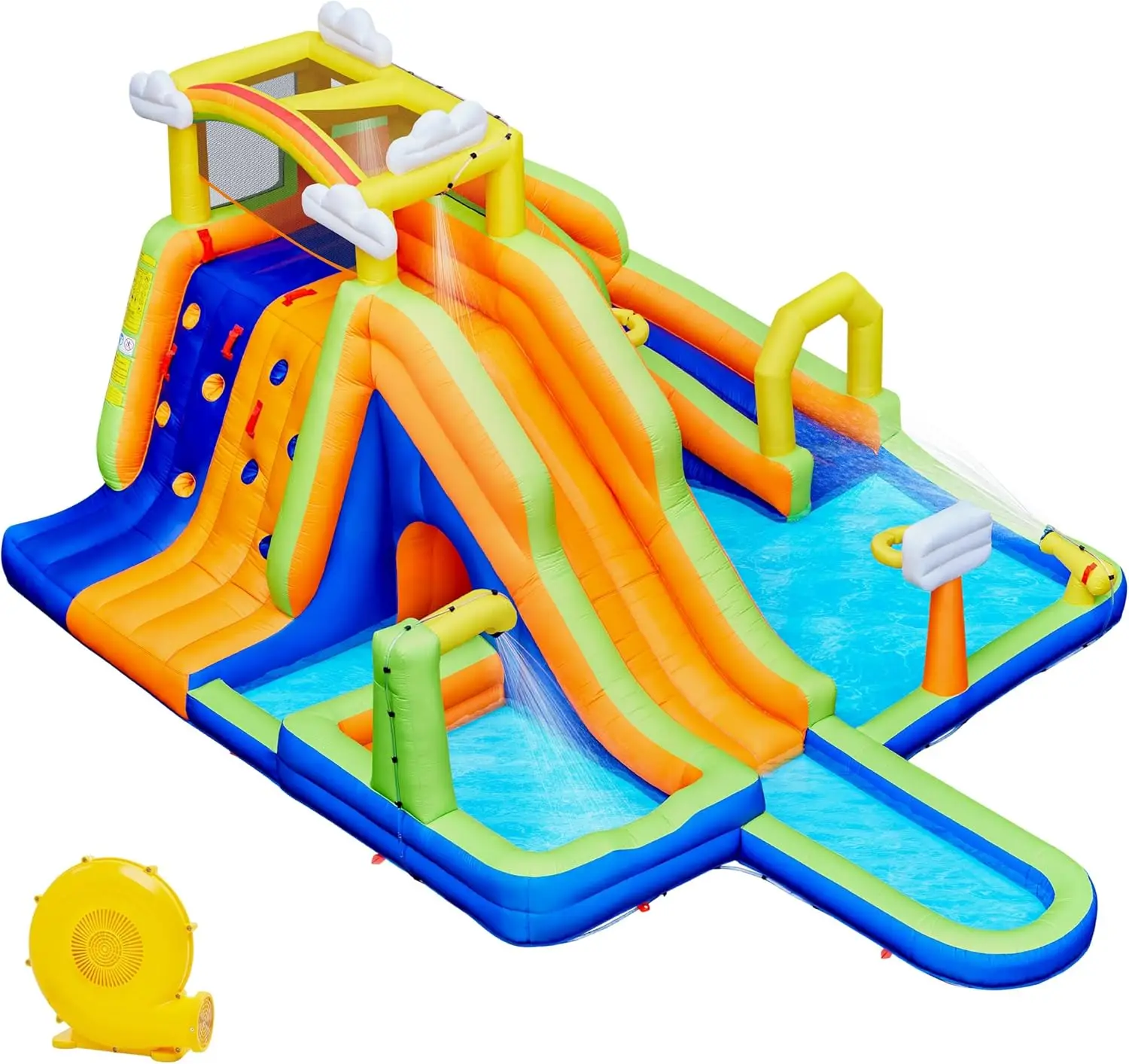 Inflatable Water Slide, 10-in-1 Rainbow & Clouds Style Water Slide Combo w/ 2 Pools & Large Climbing Wall & Tunnel, Double