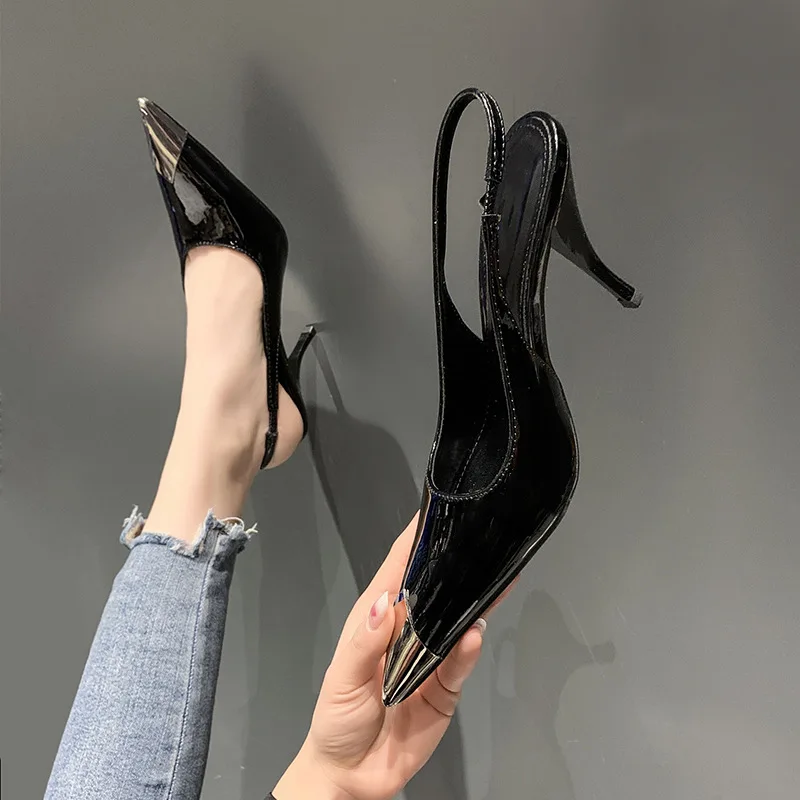 Shallow High Heels Women Shoes Pointed Metal Toe 2023 New Patent Leather Pumps Sandals Shoes Temperament Black 6/9cm Heels Women