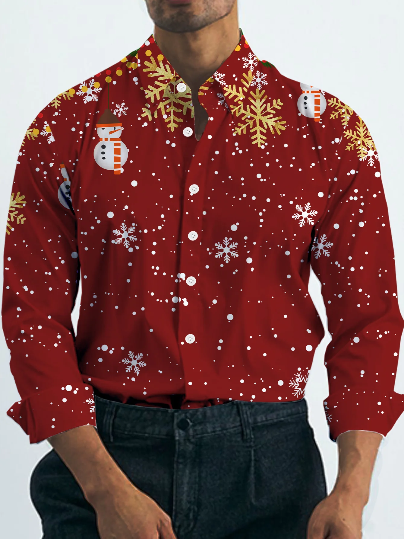 

Мужская стильная рубашка с длинными рукавами Red Snowflake Btn-Up, неэластичная, всесезонная, официальная, рождественская