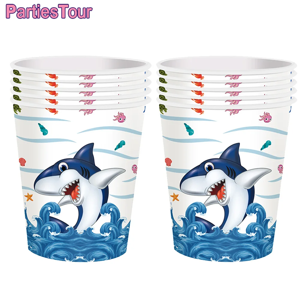 Shark Party Supplies Set Disposable Tableware Shark Plates Napkins Cups and Straws for Boys Kids Birthday Banner Signs Decorate