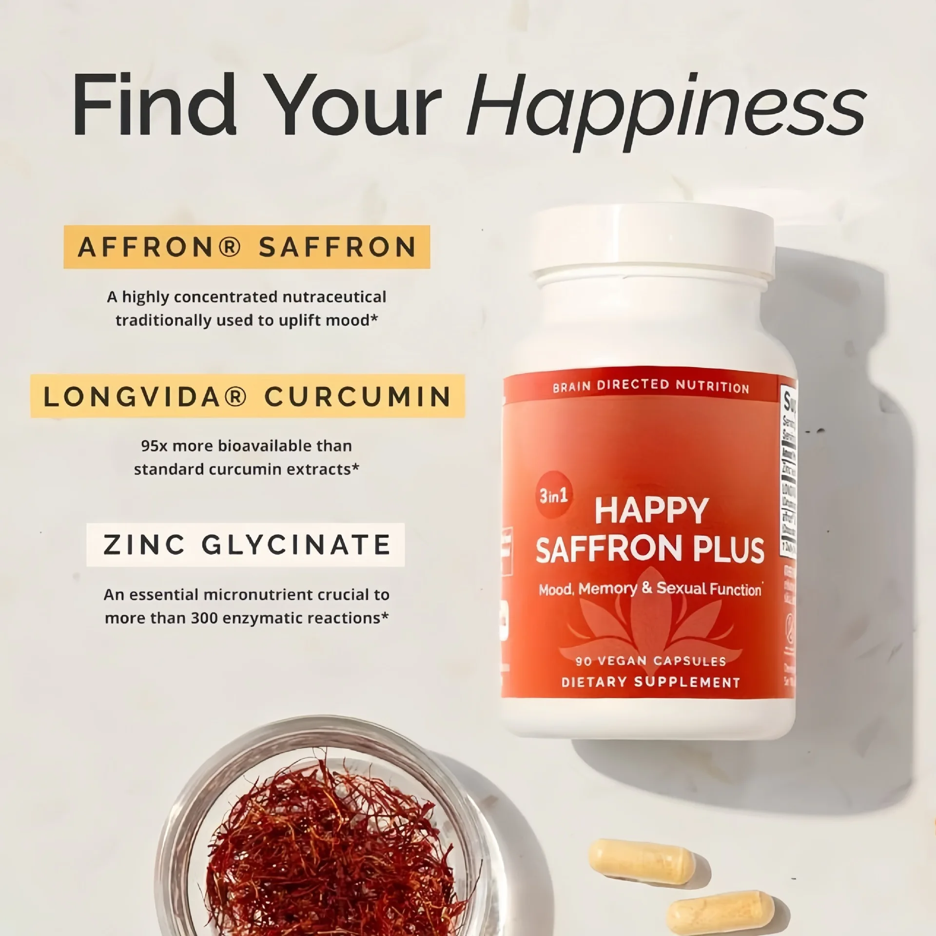 Suplemento HAPPY SAFFRON PLUS 3 en 1 - Apoya el estado de ánimo, la memoria y la función sexual - 90 cápsulas veganas