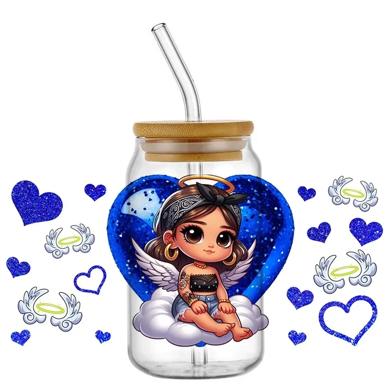 Coquette Cute Angel Baby Checkered Bow Glitter Heart UV DTF Wraps Waterproof Decals for 16oz Libbey Glass Can Tumbler DIY Craft