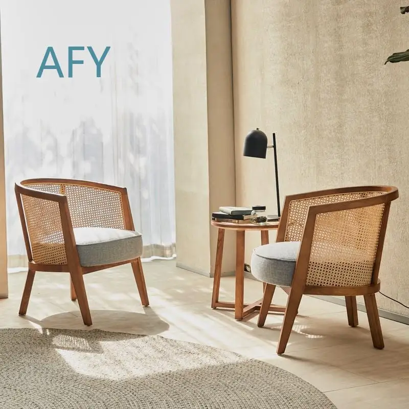 Nordic Style Rattan Armchair for Living Room Bedroom Balcony with Solid Wood Frame Rocking Chair Set of 3 for Home Decor
