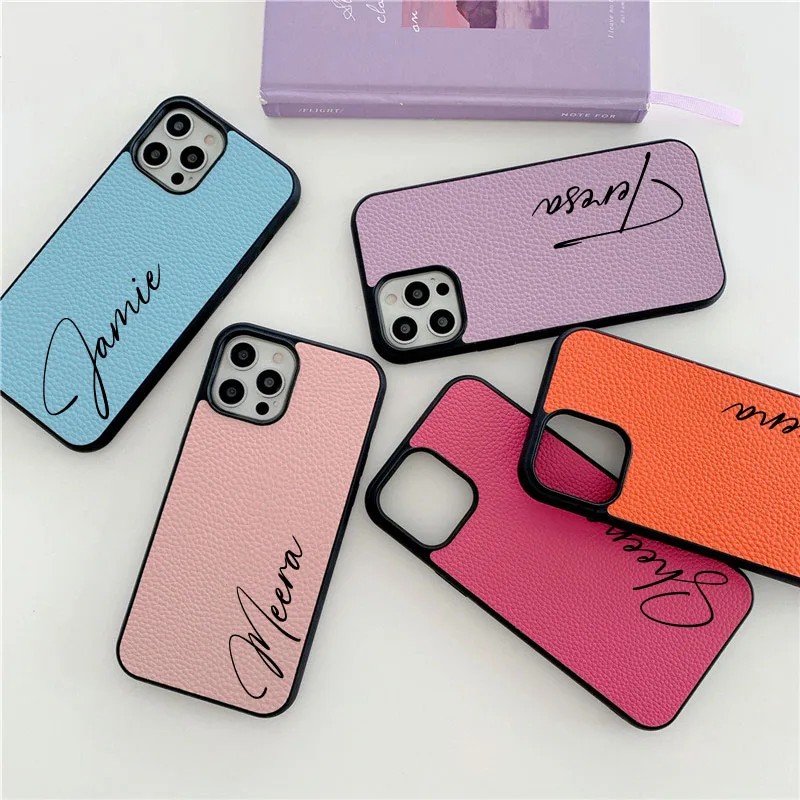 Personal Customize Monogram Name Luxury PU Leather Cases for iPhone 13 12 11 14 15 Pro Max 14 Plus X XR XS Max Cases soft Covers