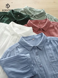 New Spring Cotton Yarn Solid Shirt Women Lapel 3/4 Sleeve Literature Tops Girl Loose Simplicity Blouses 2024 Autumn T45853QC