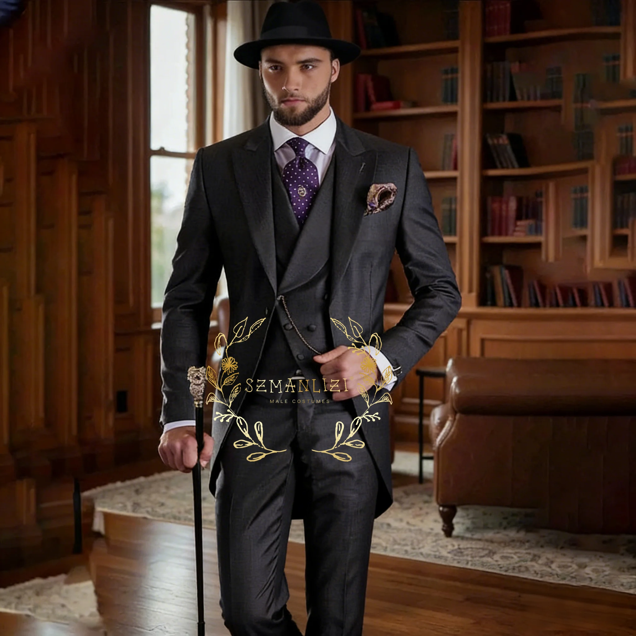 

Dark Grey Tailcoat Suits for Men Dinner Party Slim Fit Groom Tuxedos 3 Pieces Wedding Mens Suit Terno Masculino Jacket+Pant+Vest
