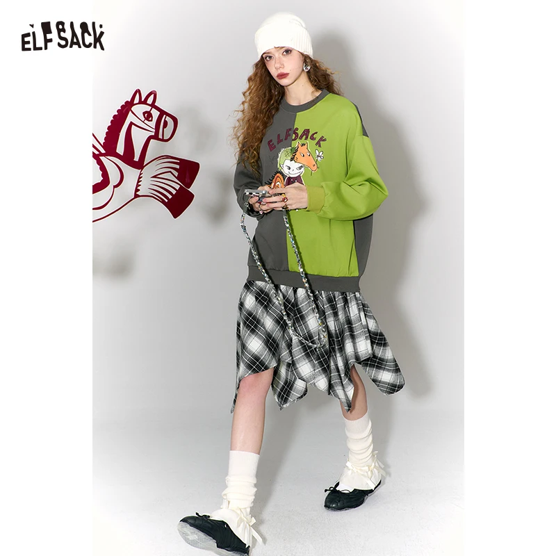 ELFSACK Casual Cotton Fake Two Piece Dress Color Block Pullover Doodle Print Plaid Skirt Asymmetric Hem Retro Female Clothing