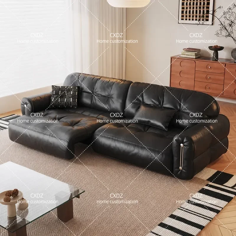 First Layer Leather Electric Sofa Bed Antique Style Living Room High End Flat Push Retractable Black Couch with Recliner