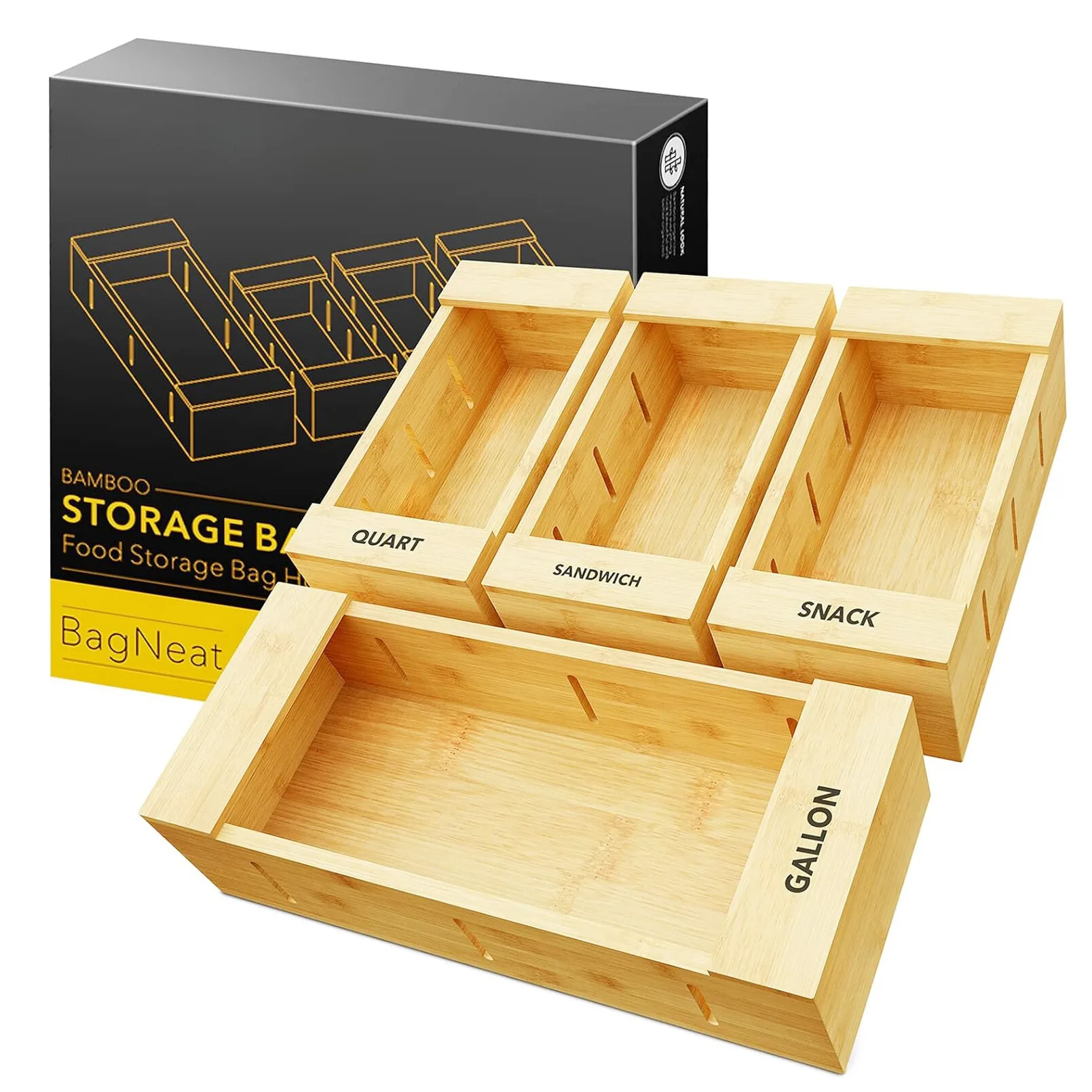 

Bamboo Drawer Organizer Set – 4-Piece Natural Wood Storage Solution for Gallon, Quart, Sandwich & Snack Bags