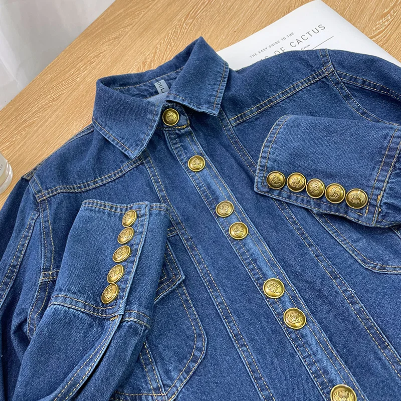 Vintage Denim Shirt Women\'s Spring Autumn Casual Thin Blouse New Elegant Turn-down Collar Gold Button    Long Sleeve Coat Top