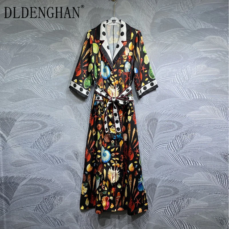 

DLDENGHAN Summer Dress Women Turn-down Collar Short Sleeves Dot Shell Print Lace-up Beach Single Breasted Dress Fashion Designer