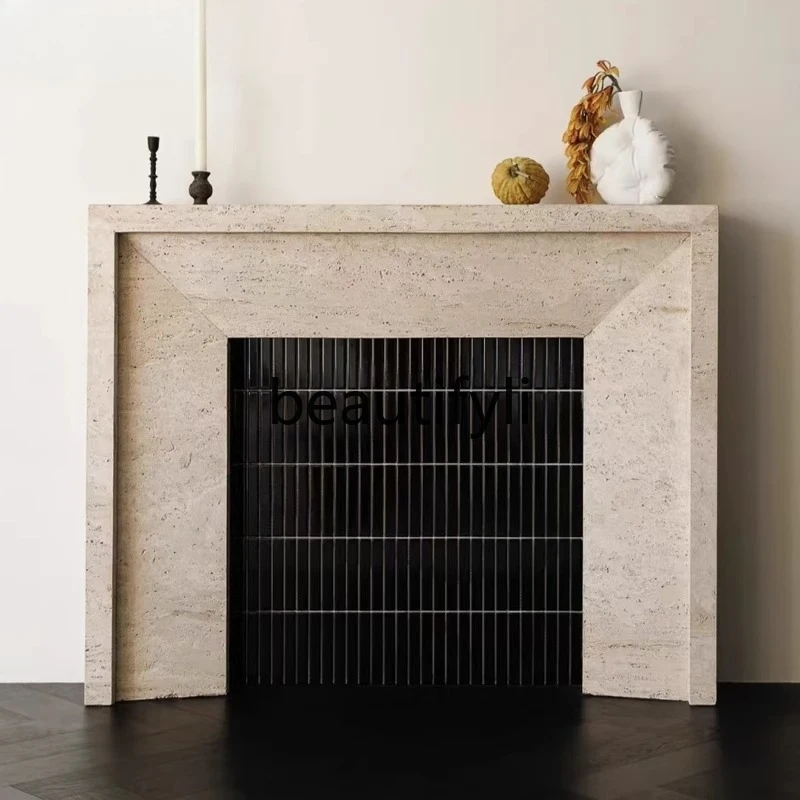 

Marble fireplace American retro travertine fireplace Simple living room Quiet wind stone fireplace