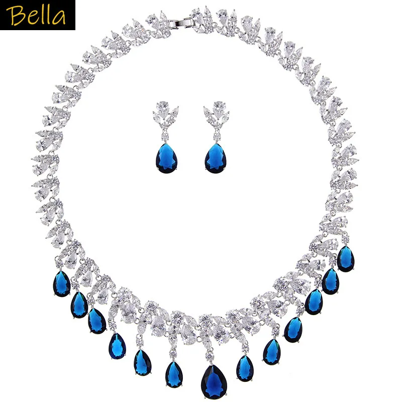 

party jewelry set 2pcs necklace earrings water drop pendant red yellow blue green zirconia wedding bride jewelry