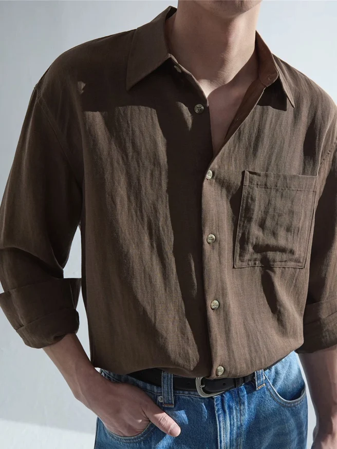 Loose Fit Long Sleeve Brown Washed Cotton Linen Shirt Men's Retro Style Sun Protection Crumpled Fabric Texture Sensation Tenc...