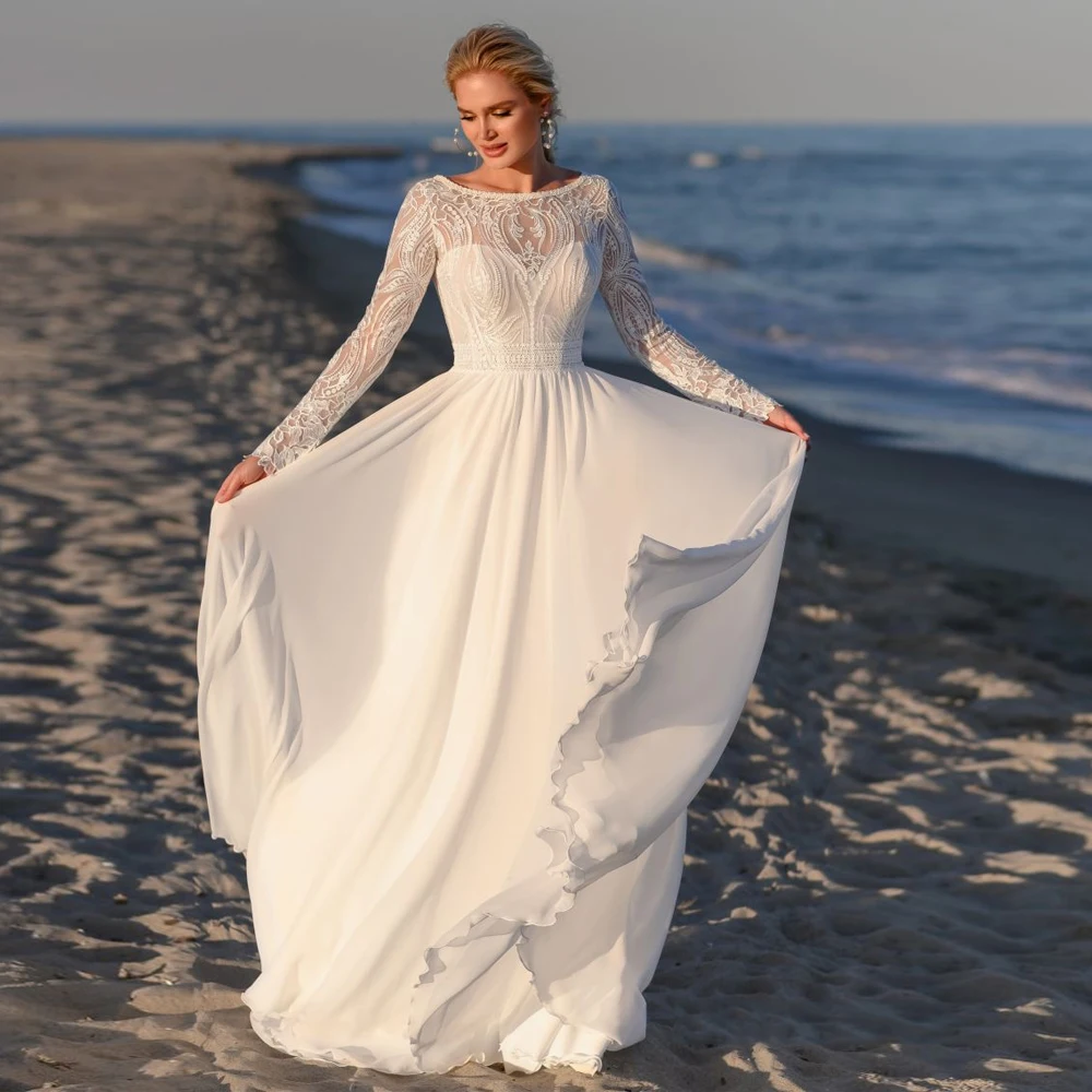 

Hot Boho Wedding Dress White Long Sleeves Scoop Illusion Lace A Line Bridal Gown Sweep Train Chiffon Beach Bride Dresses