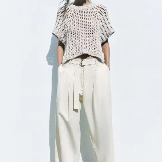 

ZBZR Spring New Women's Faion Thi Needle ort Sve Side Decorated Wind irt Polyester Fiber Loose Fit round Ne