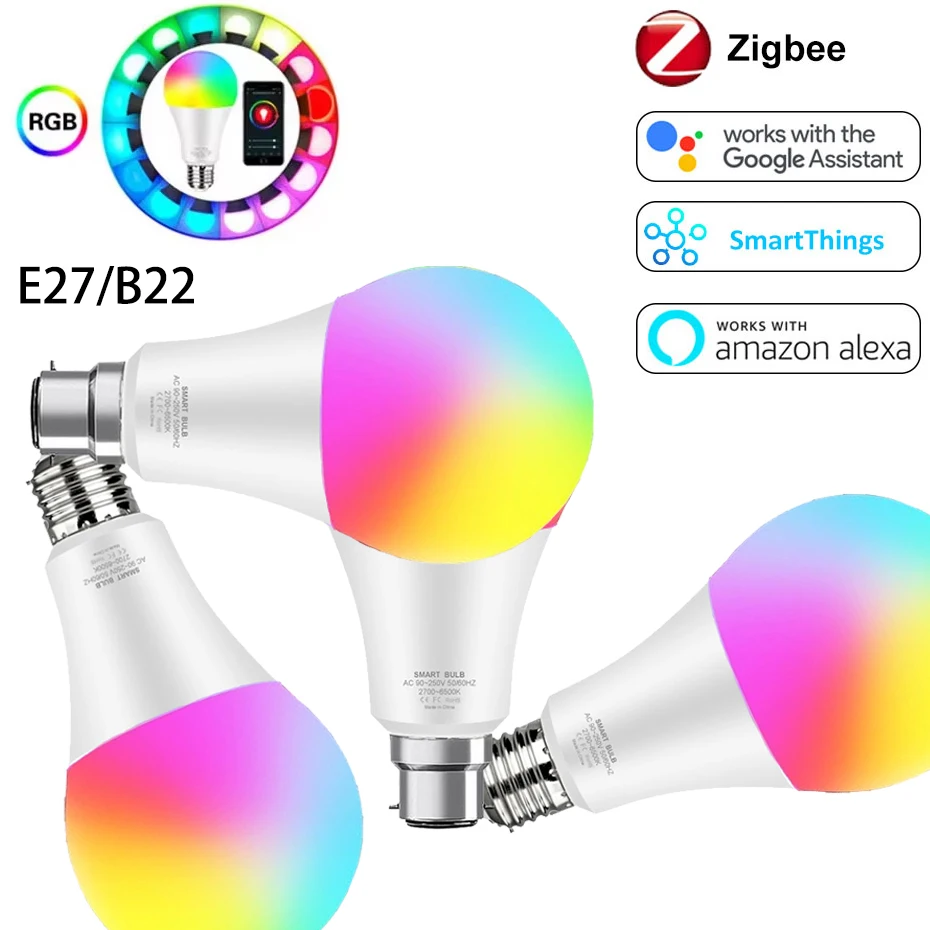 

Zigbee Smart LED Bulb E27 B22 Base 15W RGBCW Full Color Dimmable Light Voice Control Compatible Alexa Google Home 110V-220V