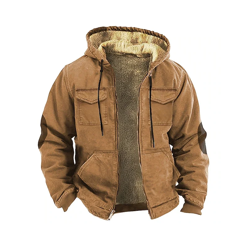 Winter Men's Zip-up Hoodies Fleece Coat Jackets Brown Green Sweatshirt Man Outerwear Streetwear Long Sleeve Cardigan Hooded